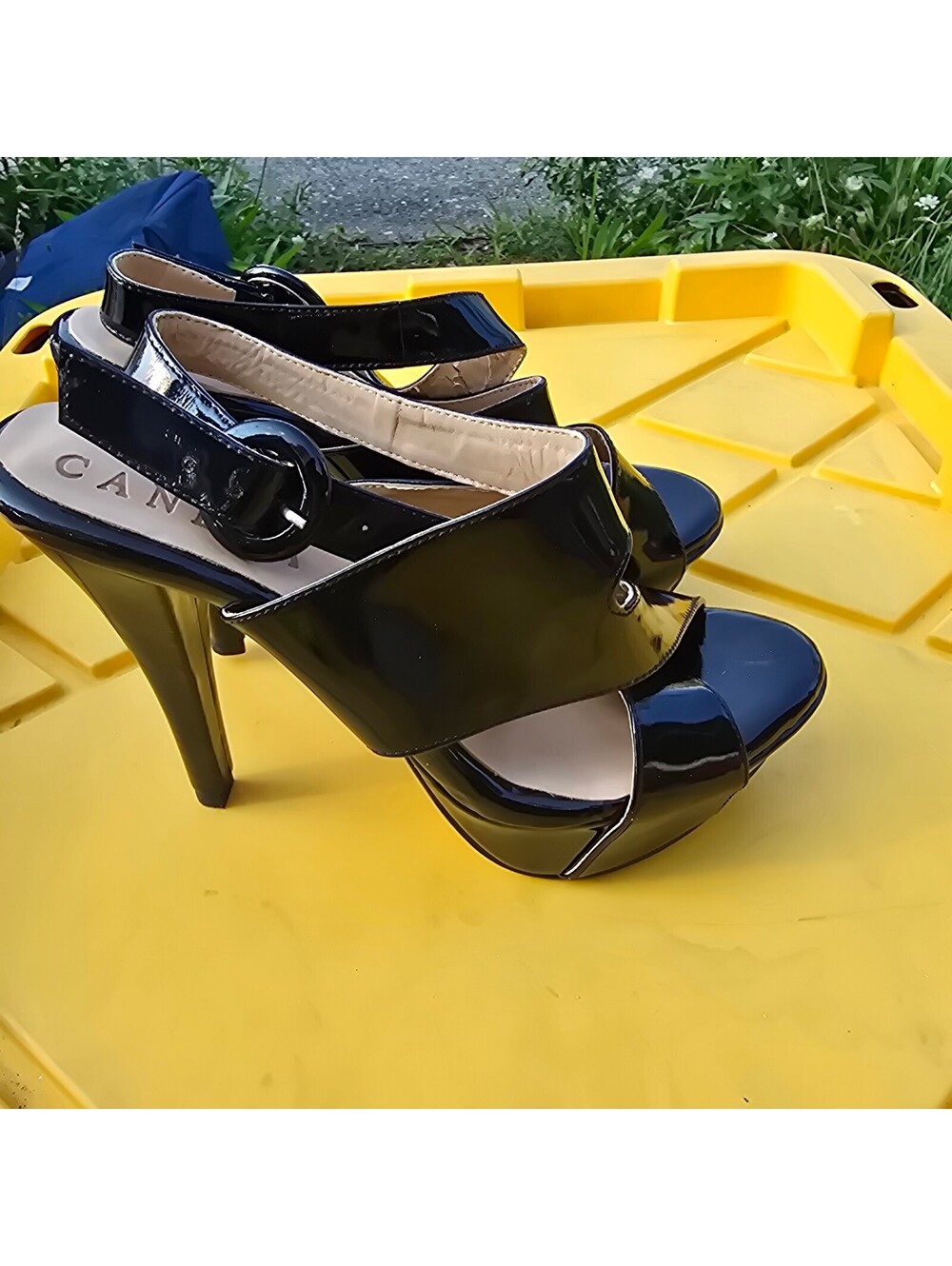 Black Patent Leather High Heel Sandals with Buckle Strap, Size Approximately 9